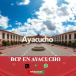 imágen cercana de la plaza de armas de ayacucho de fondo desenfocado con la palabra bcp, iconos de contacto y el logo de la web.