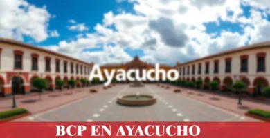 imágen cercana de la plaza de armas de ayacucho de fondo desenfocado con la palabra bcp, iconos de contacto y el logo de la web.