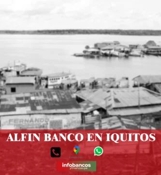 imágen de un pueblo a orillas de un río en iquitos con la palabra alfin banco, iconos de contacto y el logo de la web