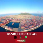 imágen panoramica del puerto del callao con simbolos de contacto, la palabra banbif en letras blancas y logos de contacto como google maps