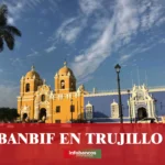 imágen de la catedral de trujillo con la palabra banbif en letras blancas y el logo de la web