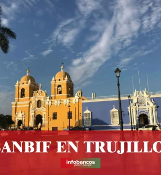 imágen de la catedral de trujillo con la palabra banbif en letras blancas y el logo de la web