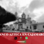 imágen de la catedral de cajamrarca en fondo desenfocado con la palabra banco azteca , iconos de contacto y el logo de la web