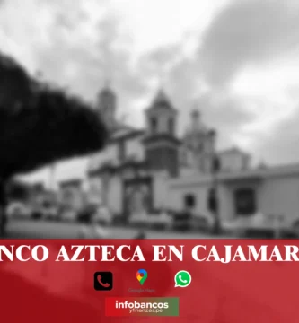 imágen de la catedral de cajamrarca en fondo desenfocado con la palabra banco azteca , iconos de contacto y el logo de la web