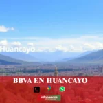 imágen panorámica de la ciudad de huancayo en fondo desenfocado con la palabra bbva, iconos de contacto y el logo de la web