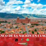 imágen panorámica de la ciudad de cusco con la palabra banco de la nación, iconos de contacto y el logo de la web.