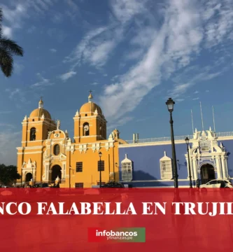 imágen de la catedral de trujillo con las letras banco falabella de color blanco y el logo de la web