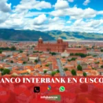 imágen panorámica de la ciudad de cusco con la palabra interbank, iconos de contacto y el logo de la web.