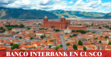 imágen panorámica de la ciudad de cusco con la palabra interbank, iconos de contacto y el logo de la web.