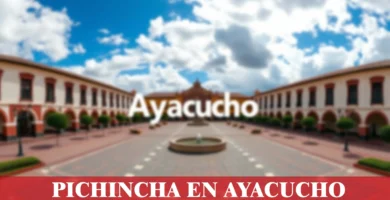 imágen cercana de la plaza de armas de ayacucho de fondo desenfocado con la palabra pichincha, iconos de contacto y el logo de la web.