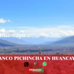 imágen panorámica de la ciudad de huancayo en fondo desenfocado con la palabra banco pichincha, iconos de contacto y el logo de la web