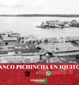 imágen de un pueblo a orillas de un río en iquitos con la palabra banco pichincha, iconos de contacto y el logo de la web