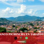 imágen panoramica de la ciudad de tarapoto con la palabra banco pichincha, iconos de contacto y el logo de la web