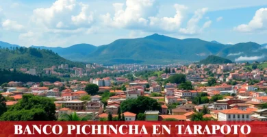 imágen panoramica de la ciudad de tarapoto con la palabra banco pichincha, iconos de contacto y el logo de la web