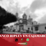 imágen de la catedral de cajamrarca en fondo desenfocado con la palabra banco ripley , iconos de contacto y el logo de la web