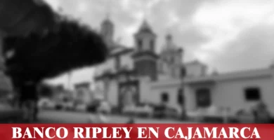 imágen de la catedral de cajamrarca en fondo desenfocado con la palabra banco ripley , iconos de contacto y el logo de la web