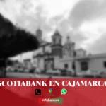 imágen panoramica de la catedral de cajamrarca en fondo desenfocado con la palabra scotiabank , iconos de contacto y el logo de la web