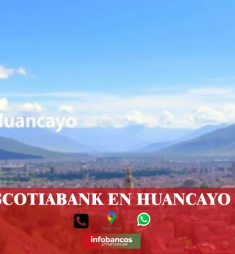 imágen panorámica de la ciudad de huancayo en fondo desenfocado con la palabra scotiabank, iconos de contacto y el logo de la web