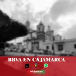 imágen panoramica de la catedral de cajamrarca en fondo desenfocado con la palabra bbva , iconos de contacto y el logo de la web