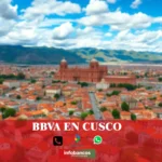 imágen panorámica de la ciudad de cusco con la palabra bbva, iconos de contacto y el logo de la web.