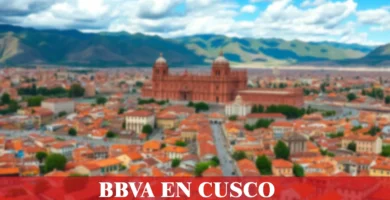 imágen panorámica de la ciudad de cusco con la palabra bbva, iconos de contacto y el logo de la web.