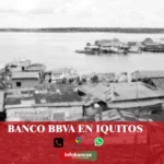 imágen de un pueblo a orillas de un río en iquitos con la palabra bbva, iconos de contacto y el logo de la web