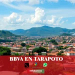 imágen de la ciudad de tarapoto con la palabra bbva, iconos de contacto y el nombre de la web.