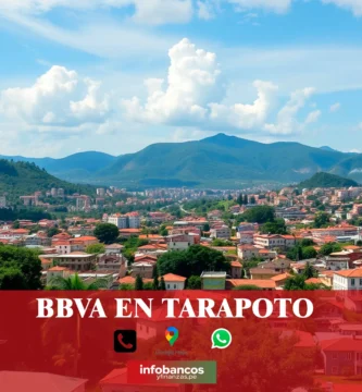 imágen de la ciudad de tarapoto con la palabra bbva, iconos de contacto y el nombre de la web.