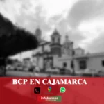 imágen panoramica de la catedral de cajamrca en fondo desenfocado con la palabra bcp , iconos de contacto y el logo de la web