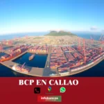 imágen panoramica del puerto del callao con la palabra bcp en letras blacas, iconos de contacto y el logo de la web