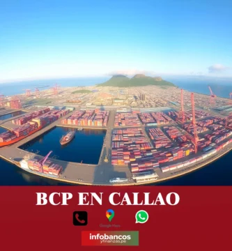 imágen panoramica del puerto del callao con la palabra bcp en letras blacas, iconos de contacto y el logo de la web