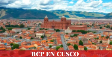 imágen panorámica de la ciudad de cusco con la palabra bcp, iconos de contacto y el logo de la web.