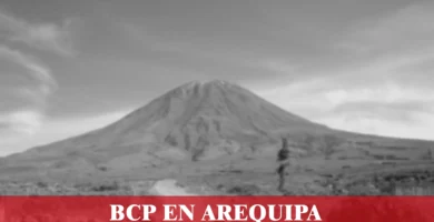 imágen del volcan misti en blanco y nego desenfocado con la palabra bcp, iconos de contacto y el logo de la web.