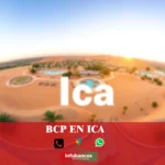 imágen panorámica del desierto de Ica, con la palabra bcp, iconos de contacto y el logo de la web