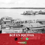 imágen de un pueblo a orillas de un río en iquitos con la palabra bcp, iconos de contacto y el logo de la web