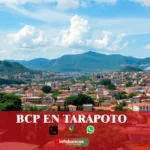 imágen panoramica de la ciudad de tarapoto con la palabra bcp, iconos de contacto y el logo de la web