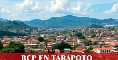 imágen panoramica de la ciudad de tarapoto con la palabra bcp, iconos de contacto y el logo de la web