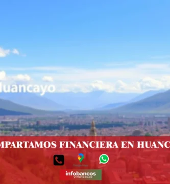 imágen panorámica de la ciudad de huancayo en fondo desenfocado con la palabra compartamos financiera, iconos de contacto y el logo de la web