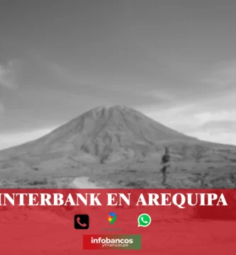 imágen del volcan misti en blanco y nego desenfocado con la palabra interbank, iconos de contacto y el logo de la web.