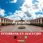 imágen cercana de la plaza de armas de ayacucho de fondo desenfocado con la palabra interbank, iconos de contacto y el logo de la web.