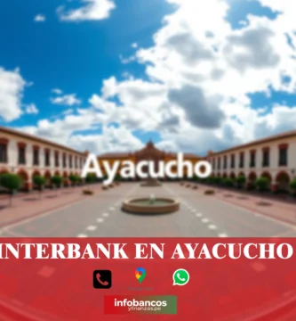 imágen cercana de la plaza de armas de ayacucho de fondo desenfocado con la palabra interbank, iconos de contacto y el logo de la web.