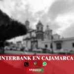 imágen de la catedral de cajamrarca en fondo desenfocado con la palabra interbank , iconos de contacto y el logo de la web