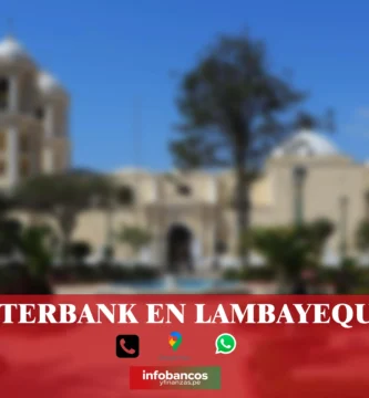 imágen panoramica de lambayeque en fondo desenfocado con la palabra interbank , iconos de contacto y el logo de la web