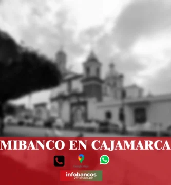 imágen de la catedral de cajamrarca en fondo desenfocado con la palabra mibanco , iconos de contacto y el logo de la web