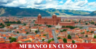 imágen panorámica de la ciudad de cusco con la palabra mibanco, iconos de contacto y el logo de la web.