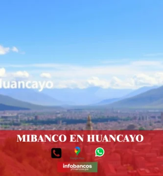 imágen panorámica de la ciudad de huancayo en fondo desenfocado con la palabra mibanco, iconos de contacto y el logo de la web