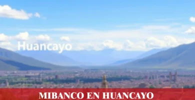 imágen panorámica de la ciudad de huancayo en fondo desenfocado con la palabra mibanco, iconos de contacto y el logo de la web