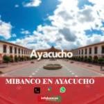 imágen cercana de la plaza de armas de ayacucho de fondo desenfocado con la palabra mibanco, iconos de contacto y el logo de la web.