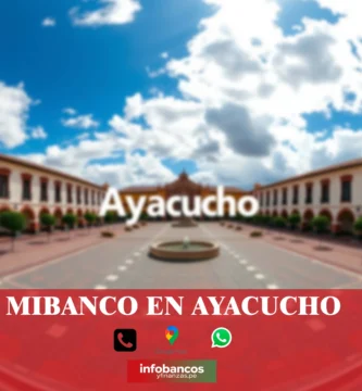 imágen cercana de la plaza de armas de ayacucho de fondo desenfocado con la palabra mibanco, iconos de contacto y el logo de la web.