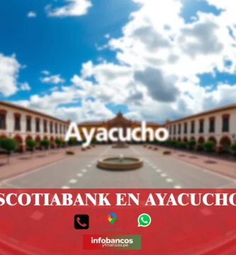 imágen cercana de la plaza de armas de ayacucho de fondo desenfocado con la palabra scotiabank, iconos de contacto y el logo de la web.